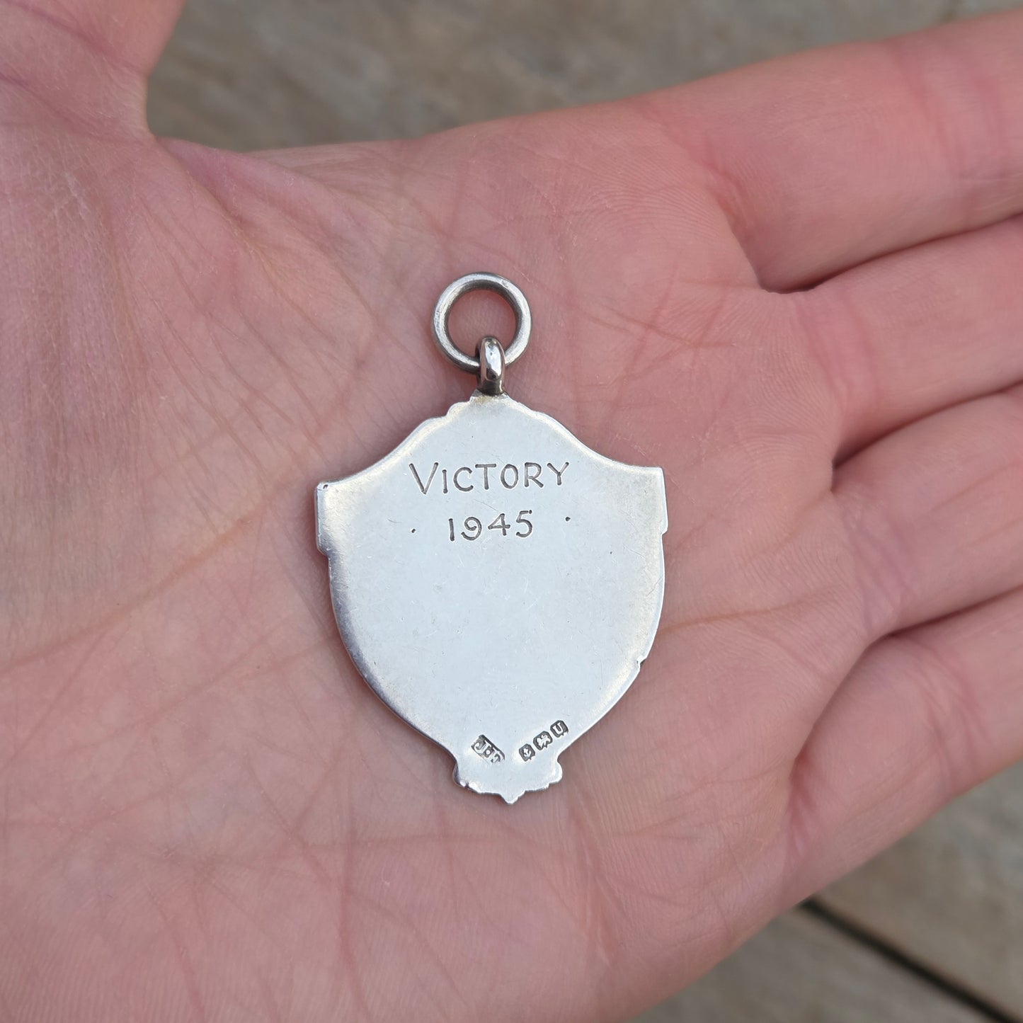 Vintage 1945 English Hallmarked WW2 Victory Solid Sterling Silver Watch Fob Medal Pendant