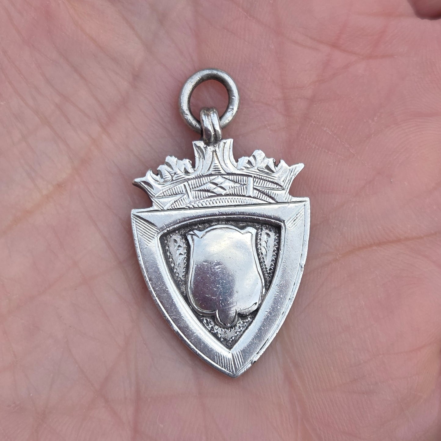 Antique 1933 Chester Hallmarked Solid Sterling Silver Shield Watch Fob Medal Pendant