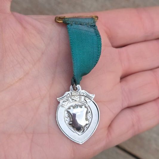 Antique Hallmarked Solid Sterling Silver Shield Watch Fob Medal Pendant on Ribbon Brooch