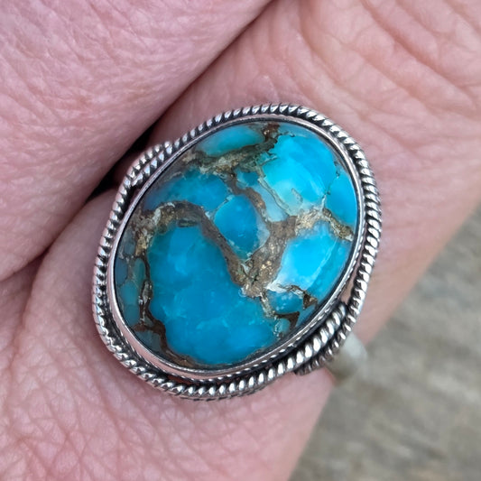 Vintage Hallmarked Solid Sterling Silver Large Copper Turquoise Ring Size R