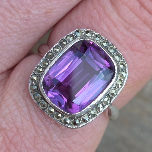 Vintage Solid Silver Synthetic Purple Colour Change Sapphire Marquisite Ring Size O 1/2