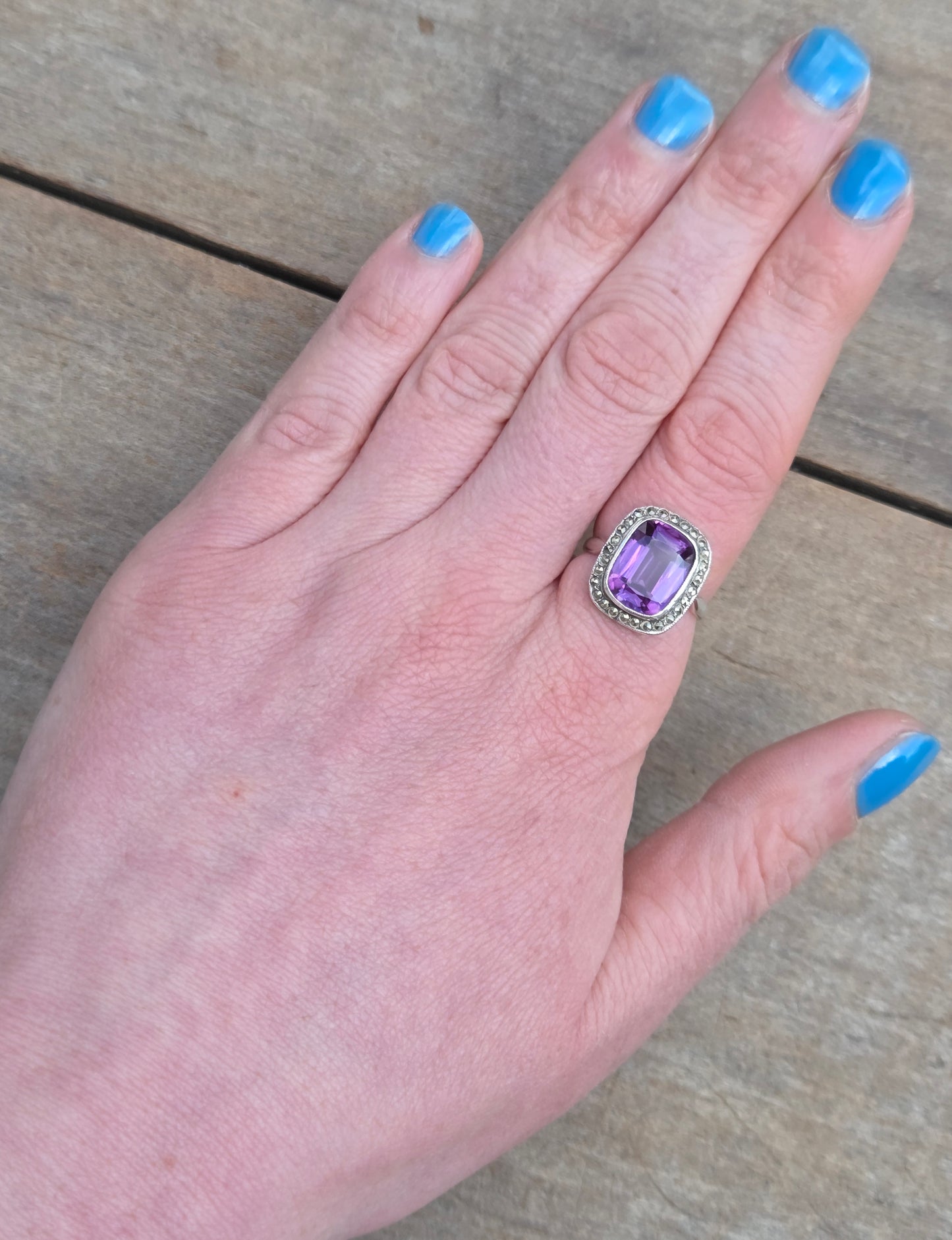 Vintage Solid Silver Synthetic Purple Colour Change Sapphire Marquisite Ring Size O 1/2