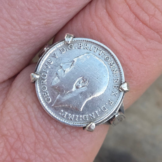 Vintage Hallmarked Solid Silver Antique 1913 Threepenny Bit Coin Signet Ring Size N