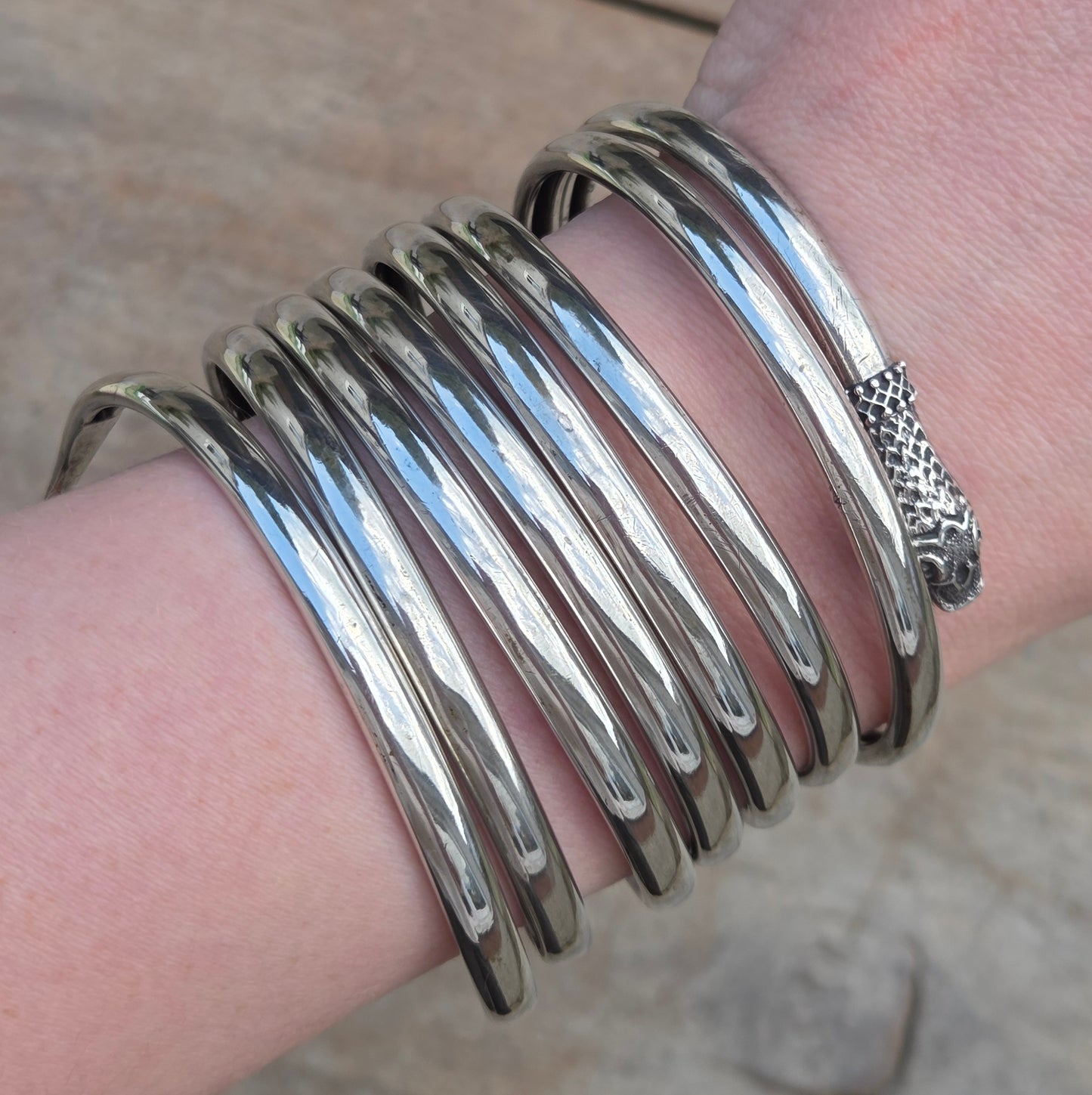Antique Solid Silver Etruscan Coiled Snake Cuff Bangle Bracelet 7.5'' 64g