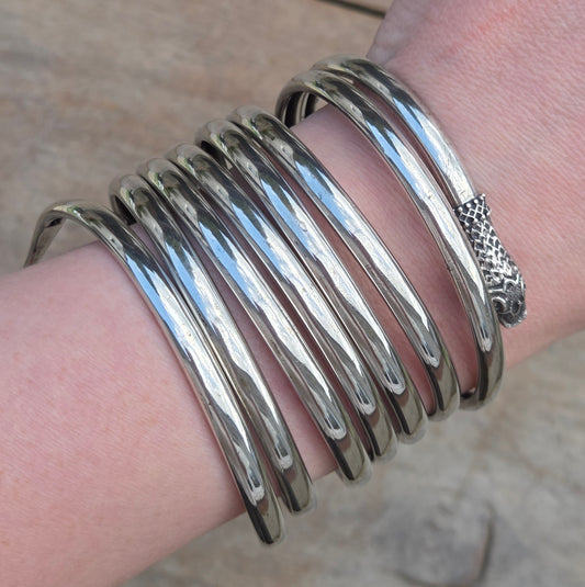 Antique Solid Silver Etruscan Coiled Snake Cuff Bangle Bracelet 7.5'' 64g