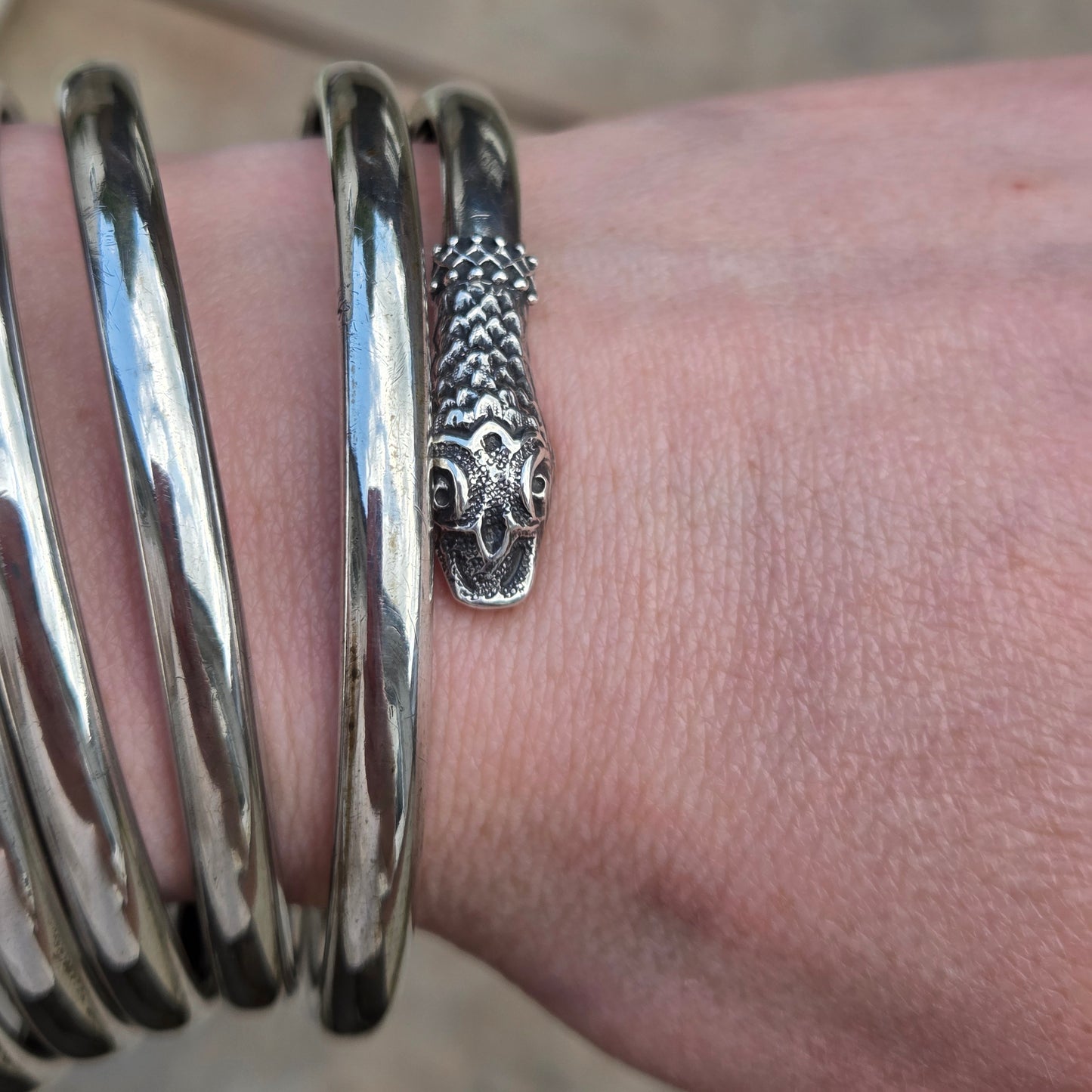 Antique Solid Silver Etruscan Coiled Snake Cuff Bangle Bracelet 7.5'' 64g