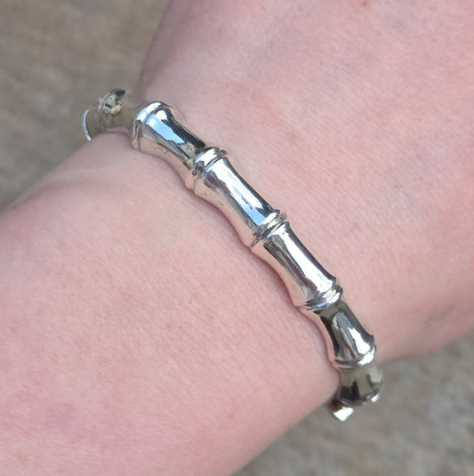 Vintage 1982 Hallmarked Solid Sterling Silver Bamboo Bangle Cuff Bracelet Safety Chain