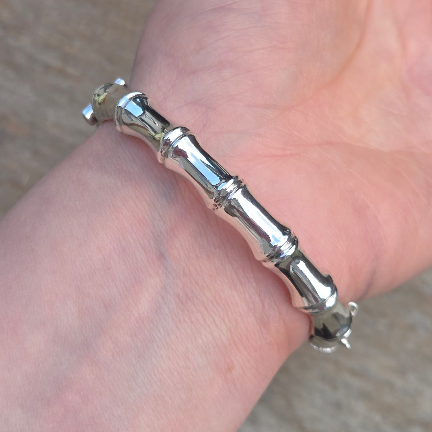 Vintage 1982 Hallmarked Solid Sterling Silver Bamboo Bangle Cuff Bracelet Safety Chain
