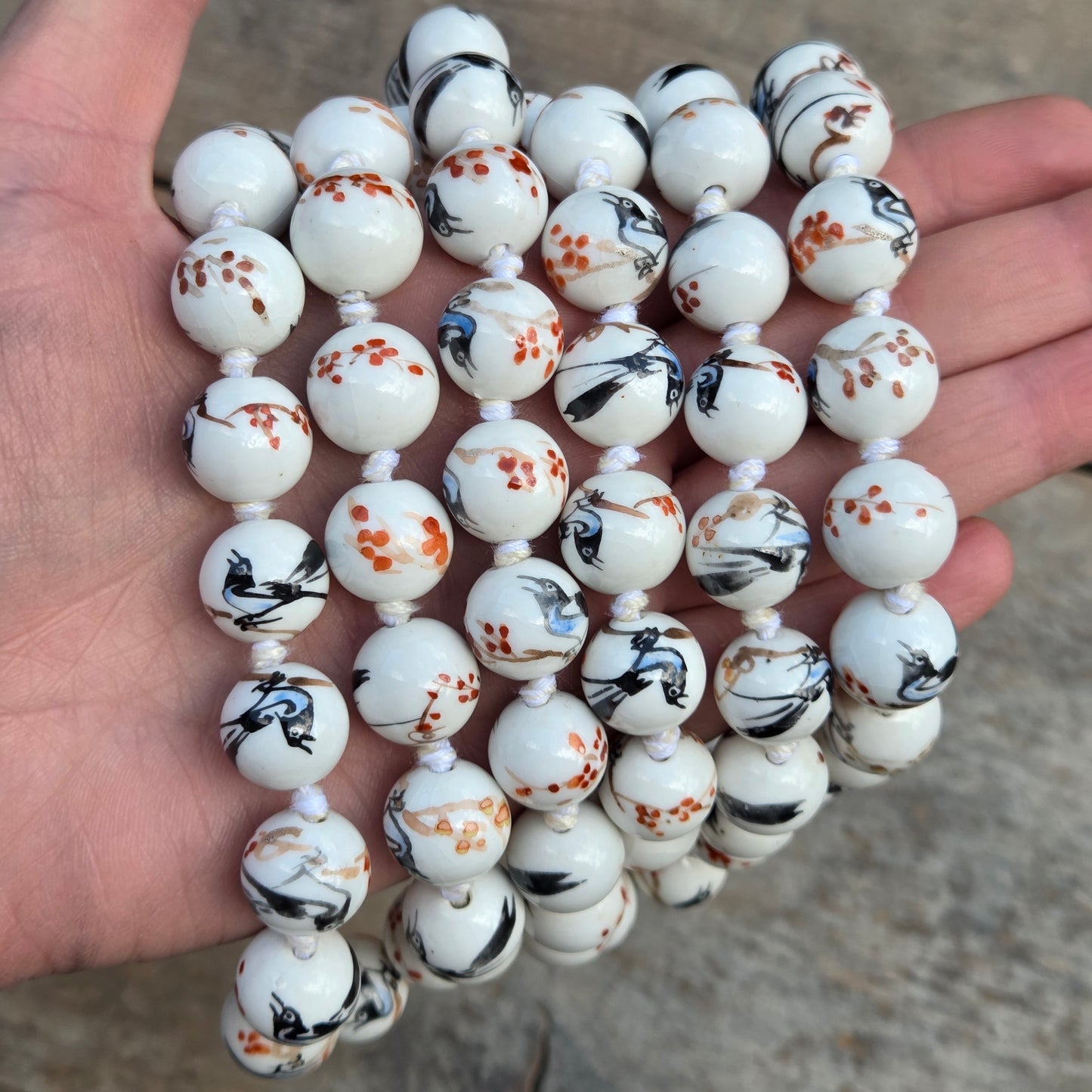 Antique Rare Porcelaine Bead Magpie Bird Cherry Blossom Knotted Beaded Necklace 49.5''