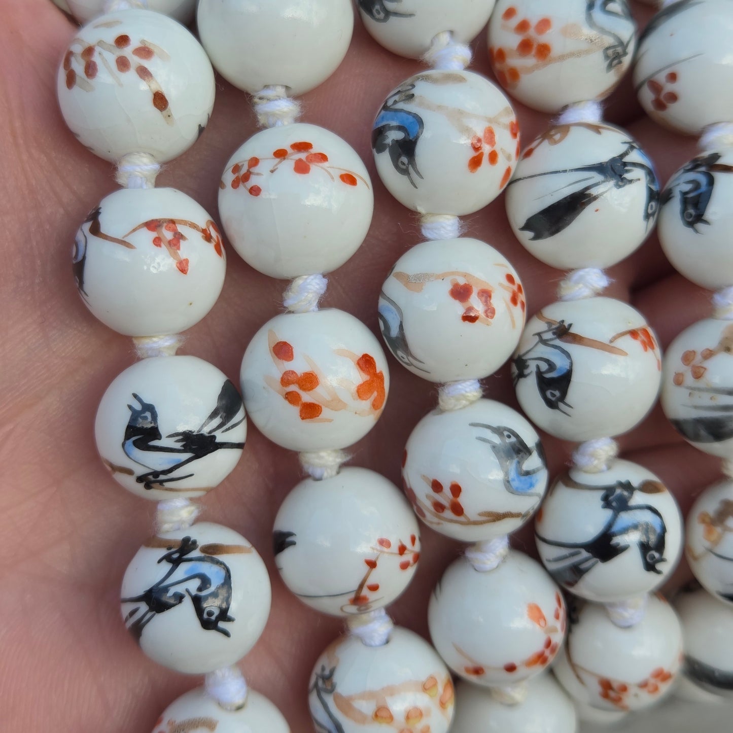 Antique Rare Porcelaine Bead Magpie Bird Cherry Blossom Knotted Beaded Necklace 49.5''