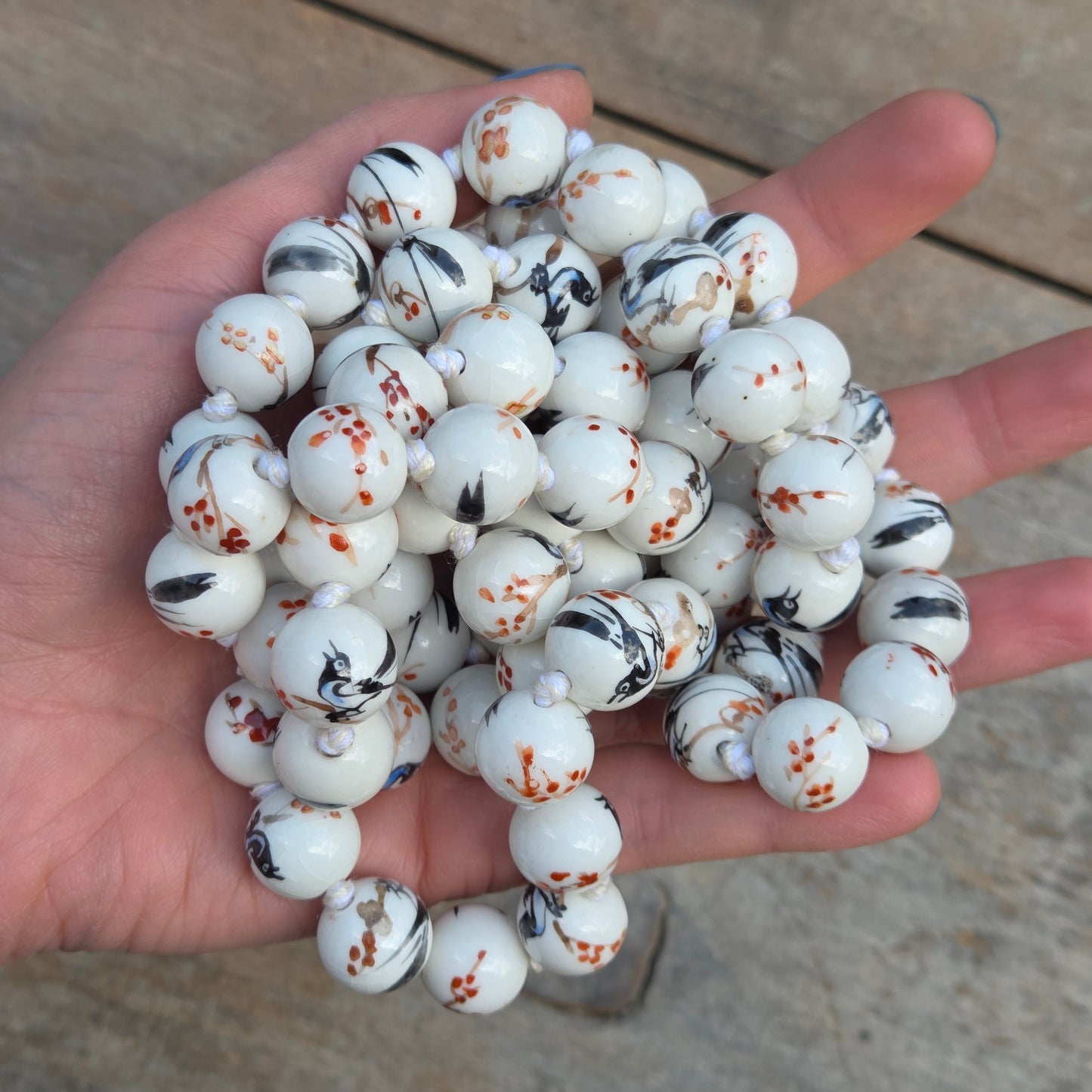 Antique Rare Porcelaine Bead Magpie Bird Cherry Blossom Knotted Beaded Necklace 49.5''