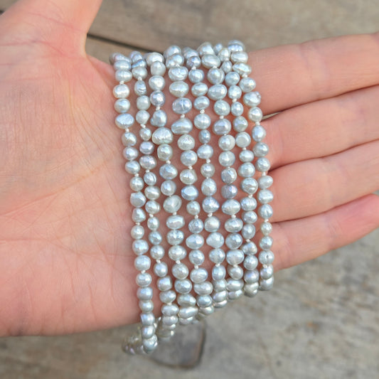 Vintage Natural Pale Blue Cultured Pearl Bead Long Knotted Beaded Flapper Art Deco Necklace 66''