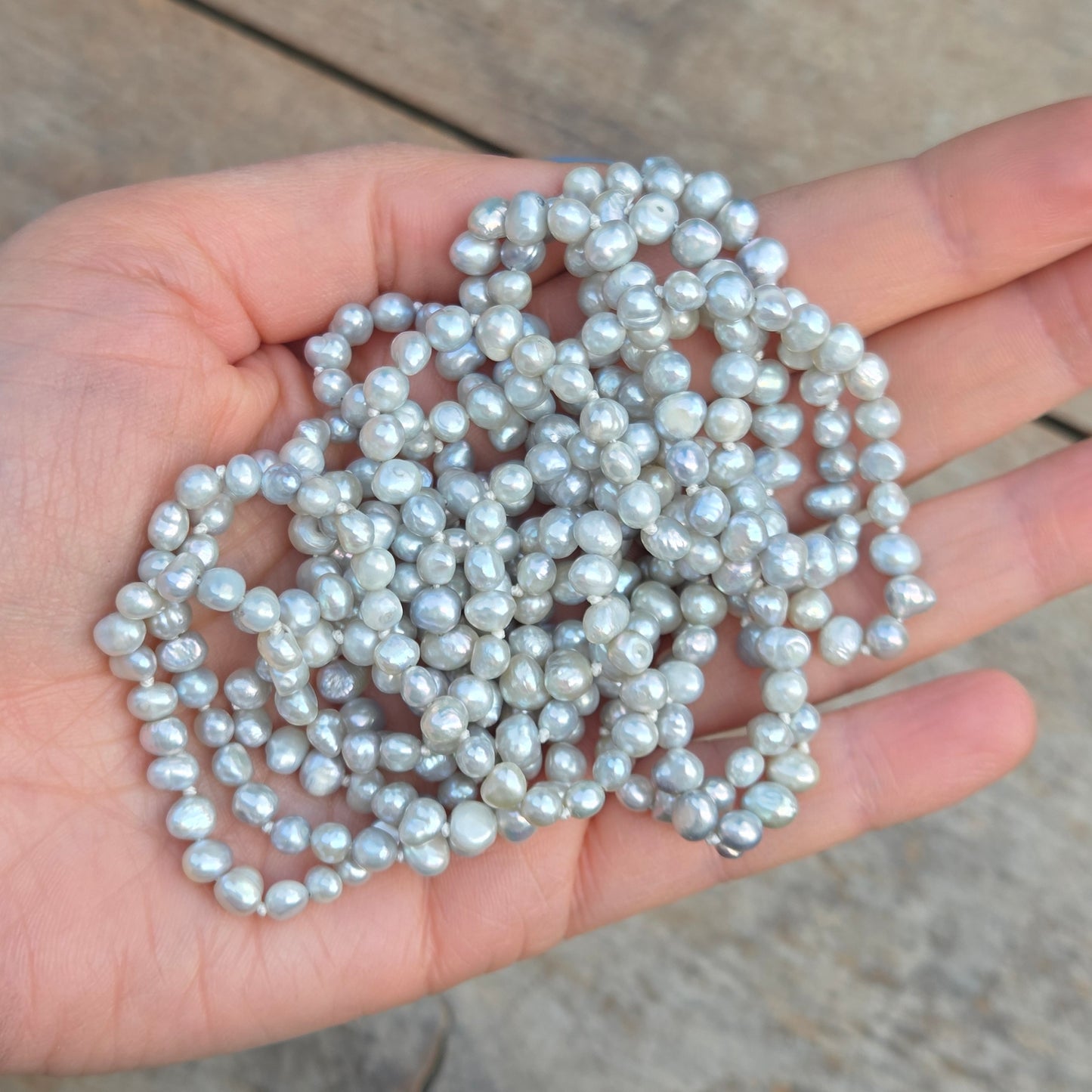 Vintage Natural Pale Blue Cultured Pearl Bead Long Knotted Beaded Flapper Art Deco Necklace 66''