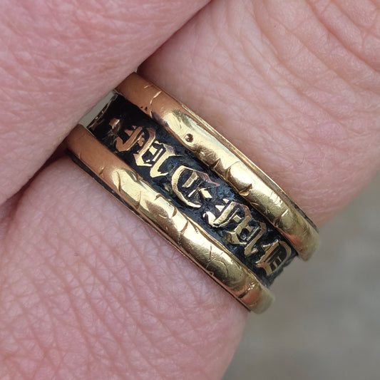 Antique Georgian 1827 Hallmarked Solid 18ct 18k Gold Black Enamel Mourning Ring Size P 6g