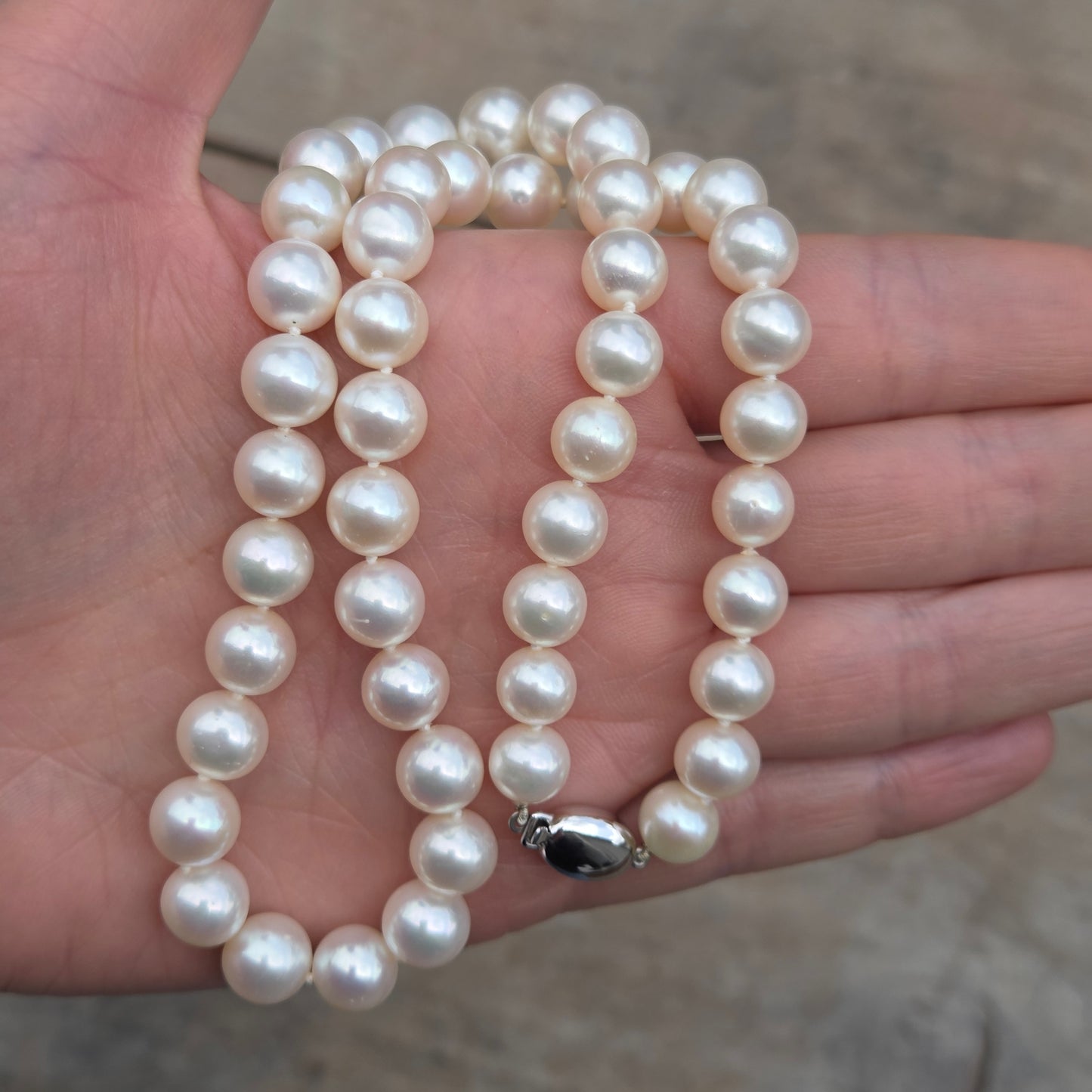 Vintage Hallmarked Solid 9ct 9k White Gold Clasp Knotted Large Cultured Pearl Necklace 17.5'' 45g