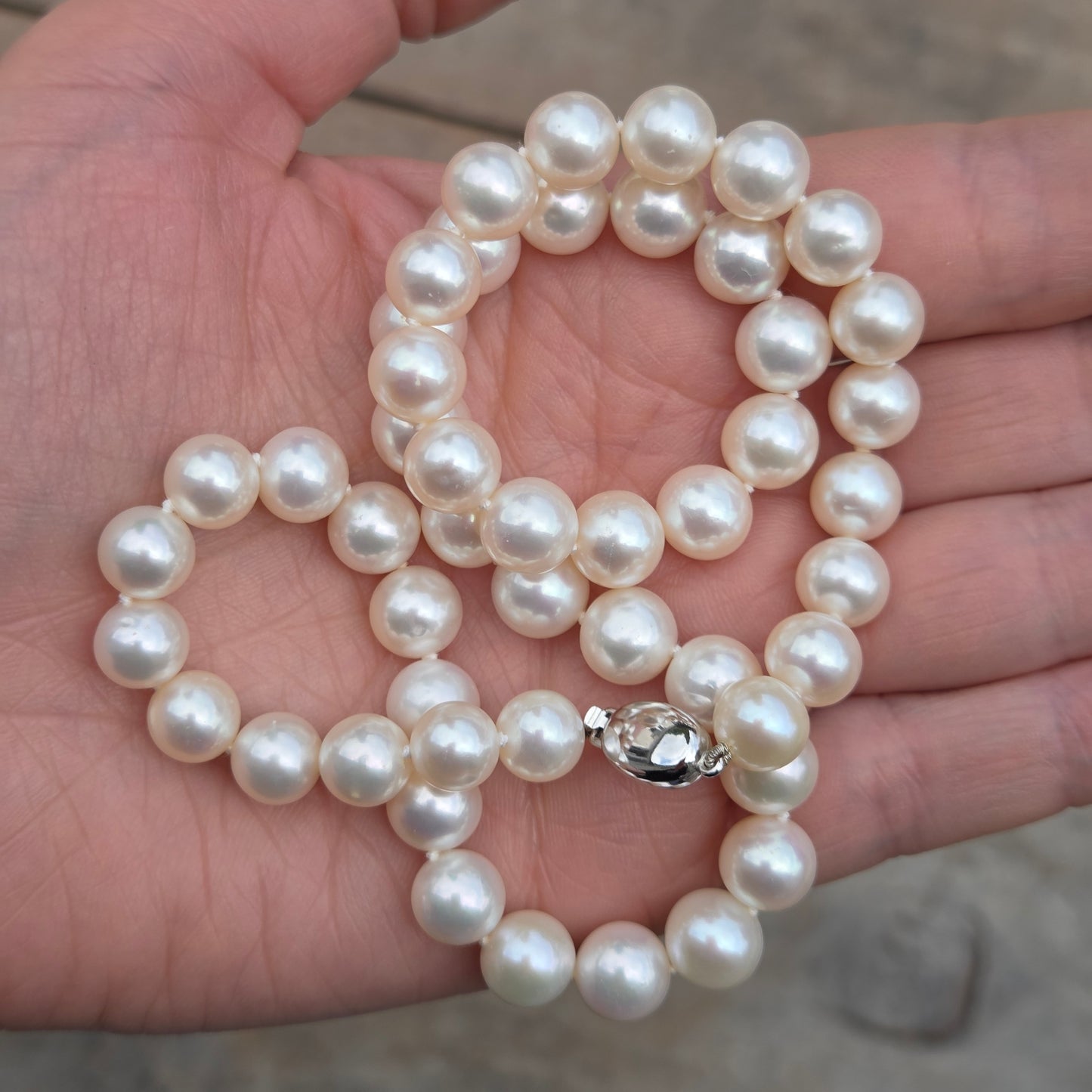 Vintage Hallmarked Solid 9ct 9k White Gold Clasp Knotted Large Cultured Pearl Necklace 17.5'' 45g