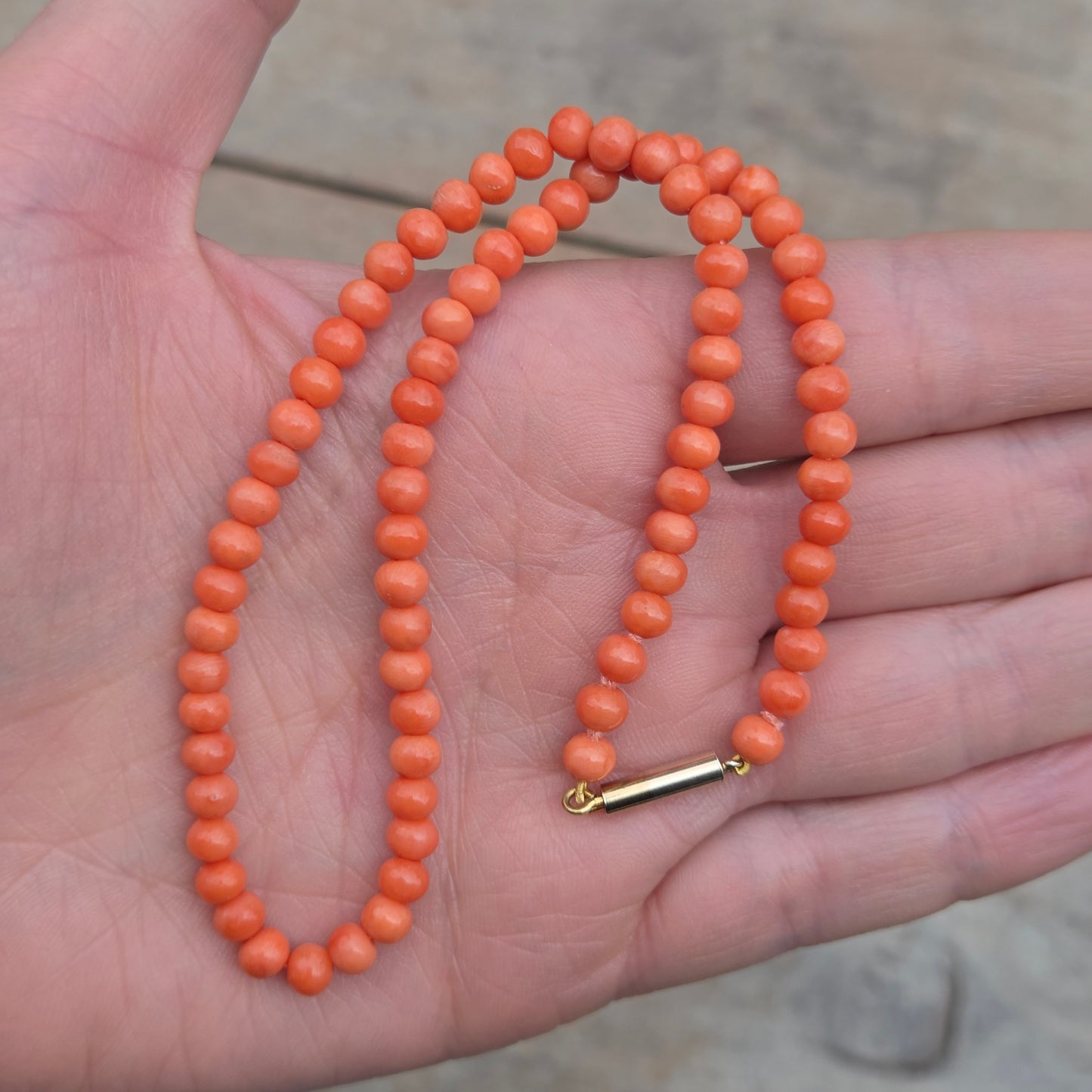Antique Victorian 9ct 9k Rolled Gold Barrel Clasp Salmon Coral Bead Necklace Choker Child 13.75''