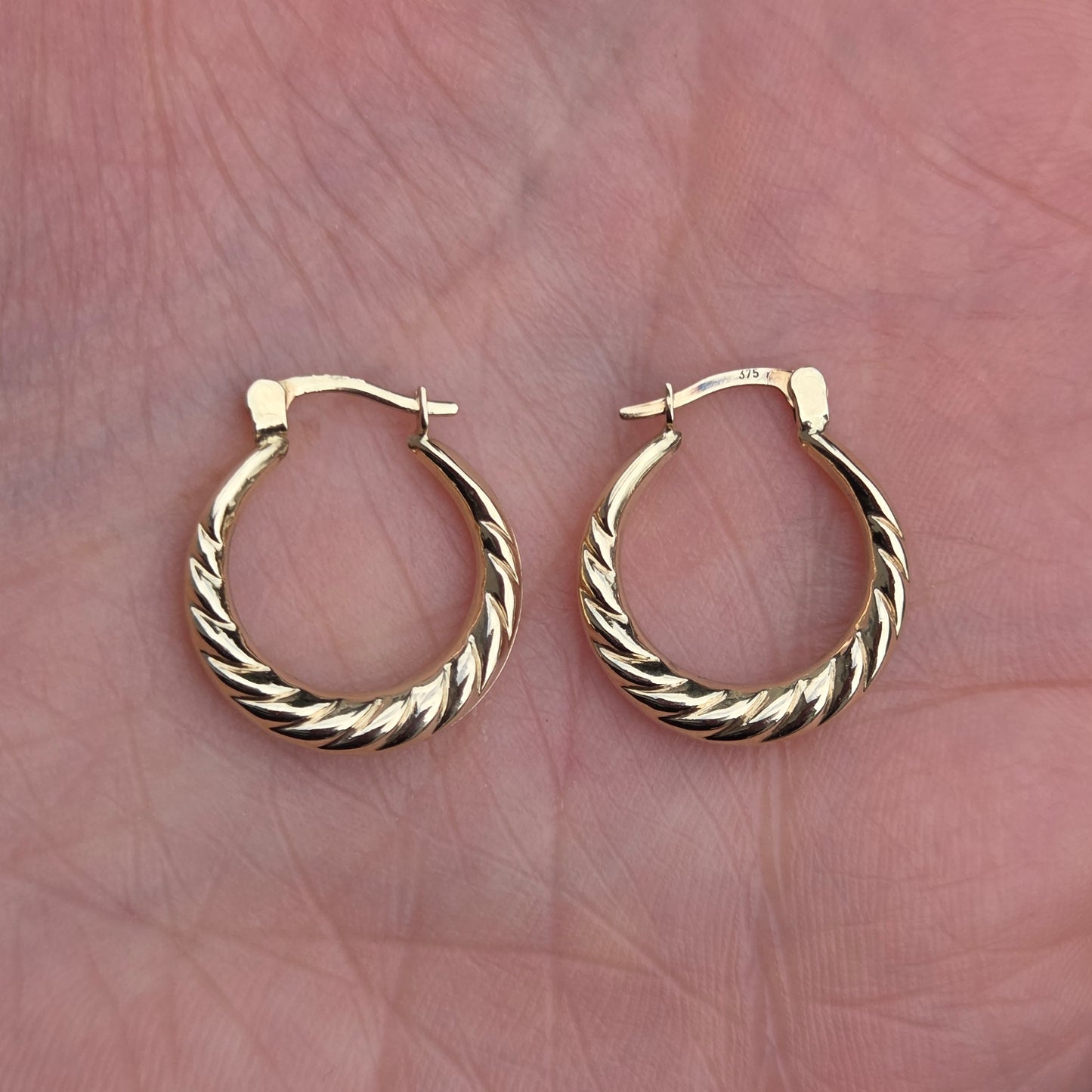Vintage Hallmarked Solid 9ct 9k Gold Round Criossant Hoop Earrings Hoops