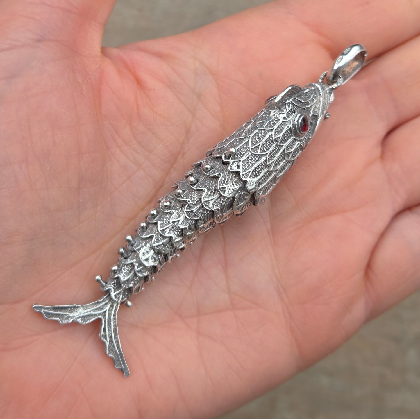Vintage Hallmarked Solid Silver Large Articulated Filigree Koi Fish Locket Pendant 17.8g