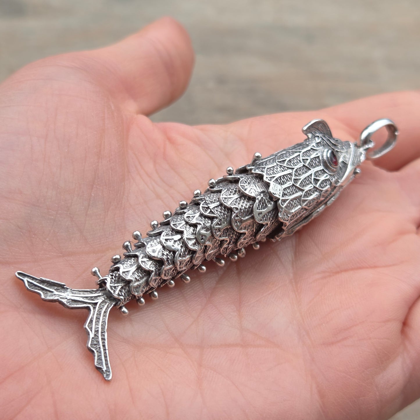 Vintage Hallmarked Solid Silver Large Articulated Filigree Koi Fish Locket Pendant 17.8g
