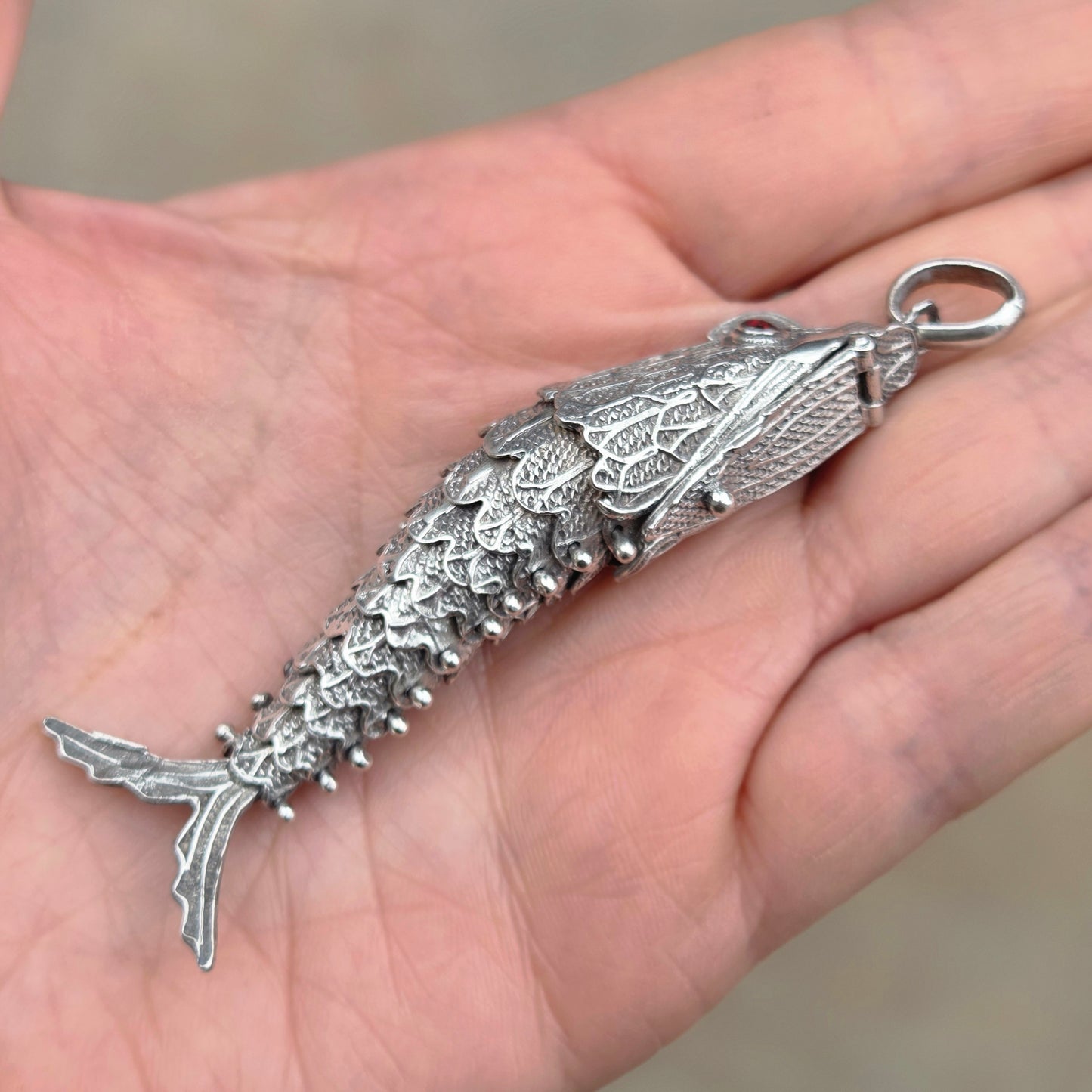 Vintage Hallmarked Solid Silver Large Articulated Filigree Koi Fish Locket Pendant 17.8g