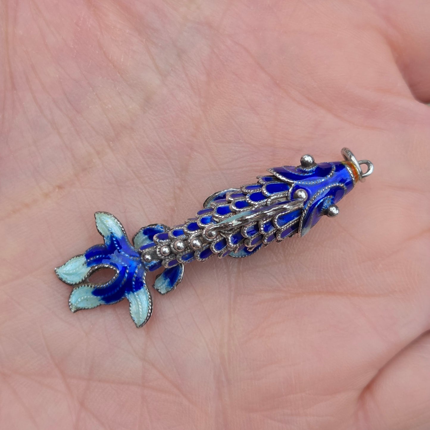 Vintage Hallmarked Solid Silver Articulated Cobalt Blue Enamel Koi Fish Pendant