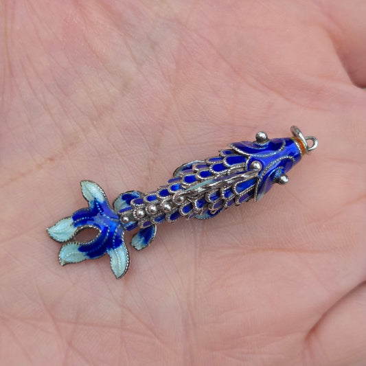 Vintage Hallmarked Solid Silver Articulated Cobalt Blue Enamel Koi Fish Pendant
