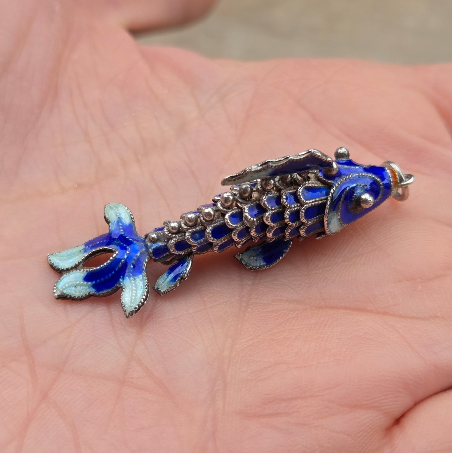 Vintage Hallmarked Solid Silver Articulated Cobalt Blue Enamel Koi Fish Pendant