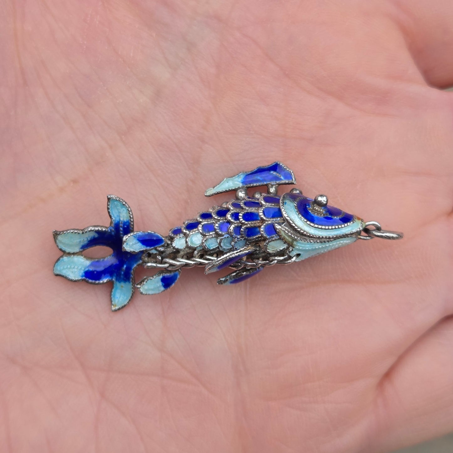 Vintage Hallmarked Solid Silver Articulated Cobalt Blue Enamel Koi Fish Pendant