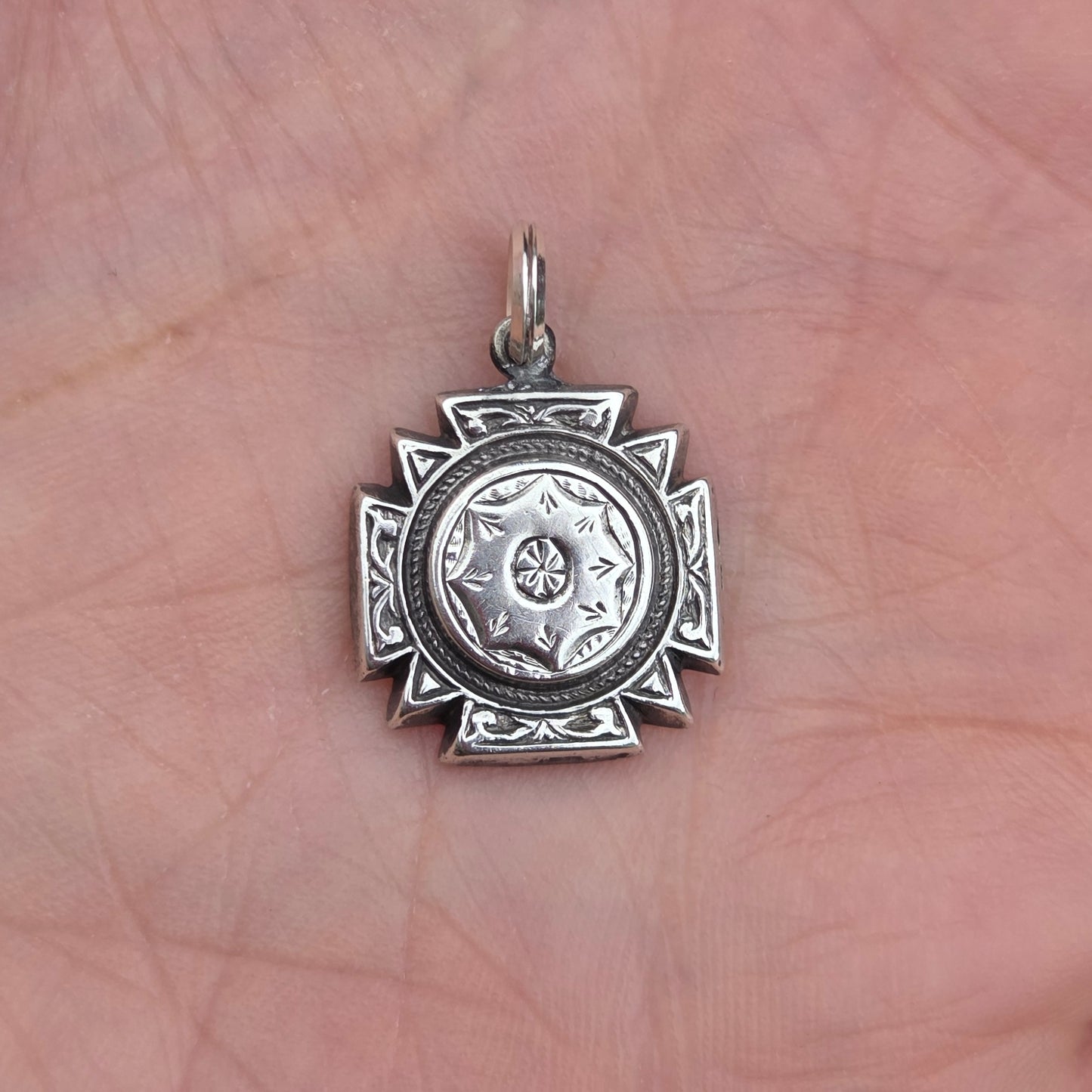 Antique Victorian Solid Silver Engraved Puffy Cross Love Token Pendant for Neclace Chain