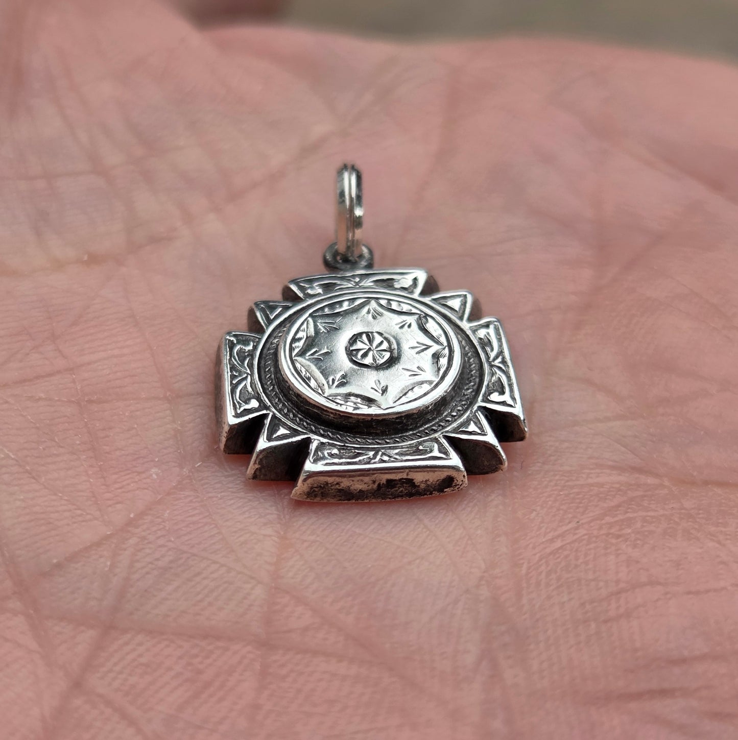 Antique Victorian Solid Silver Engraved Puffy Cross Love Token Pendant for Neclace Chain