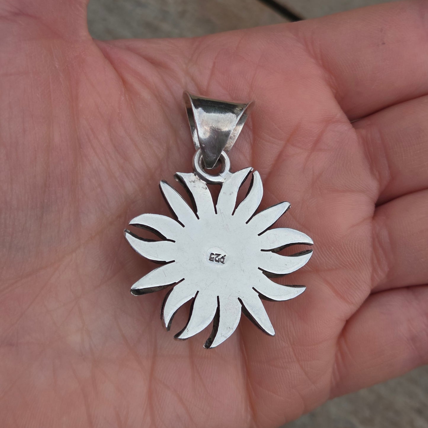 Vintage Hallmarked Large Solid Sterling Silver Turquoise Flower Sun Burst Pendant 14.5g Navajo