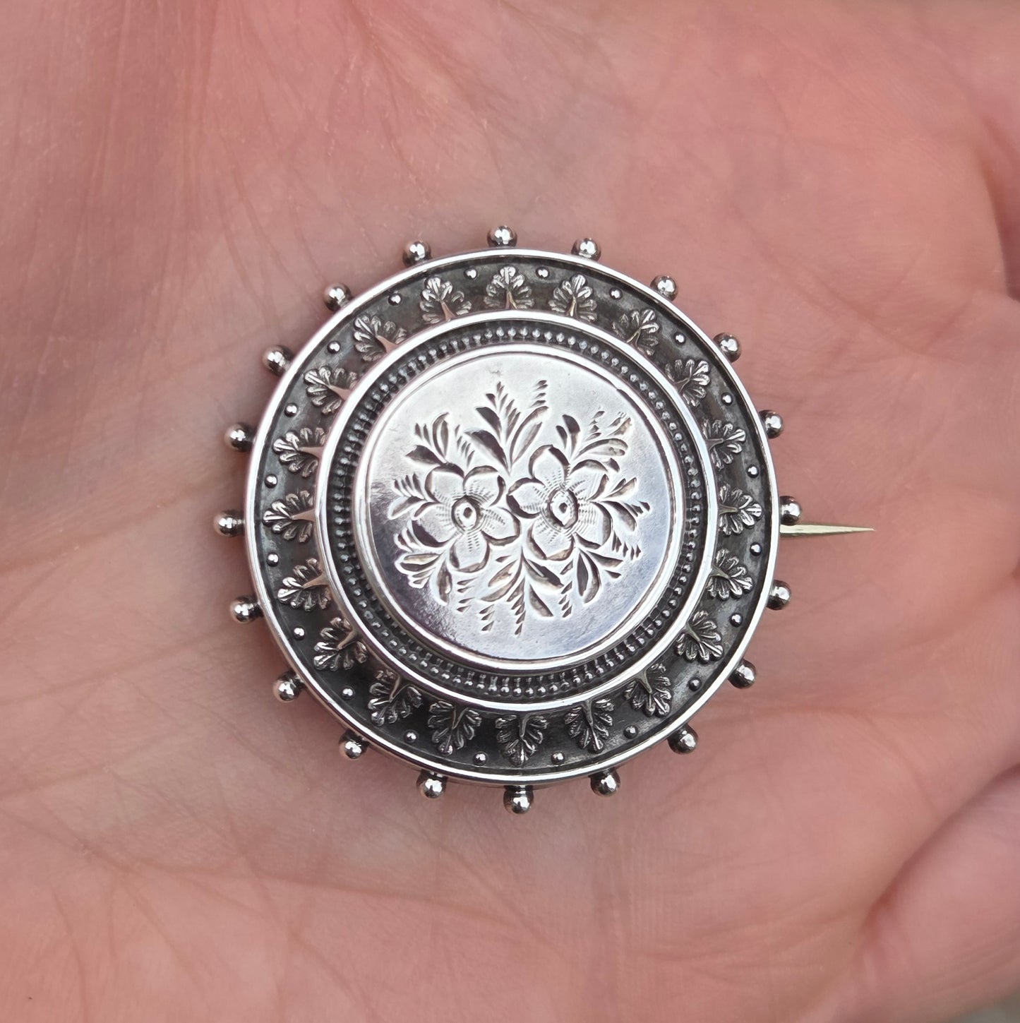 Antique Victorian 1882 Hallmarked Solid Sterling Silver Round Floral Engraved Locket Brooch Pin
