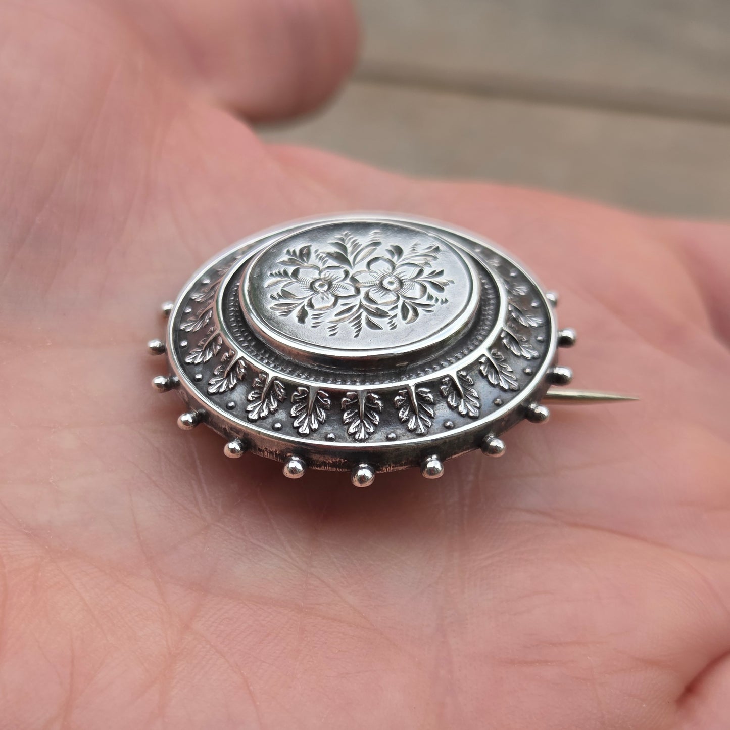 Antique Victorian 1882 Hallmarked Solid Sterling Silver Round Floral Engraved Locket Brooch Pin