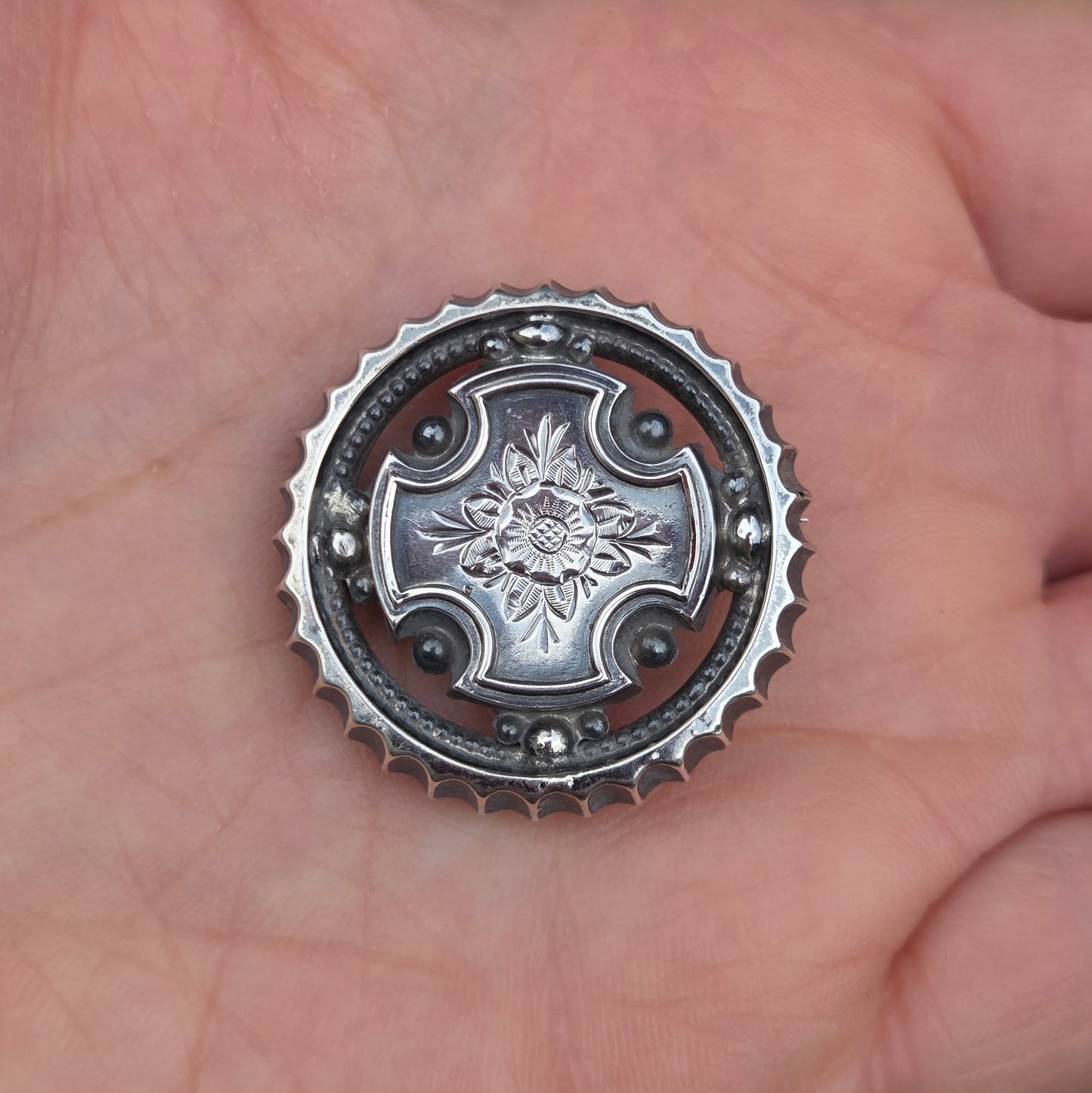 Antique Edwardian Solid Silver Round Cross Floral Engraved Brooch Pin