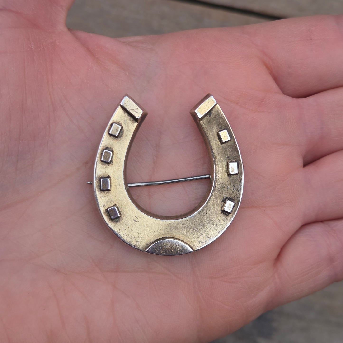 Antique Victorian 1883 Hallmarked Solid Sterling Silver Gold Gilt Large Lucky Horse Shoe Brooch Pin