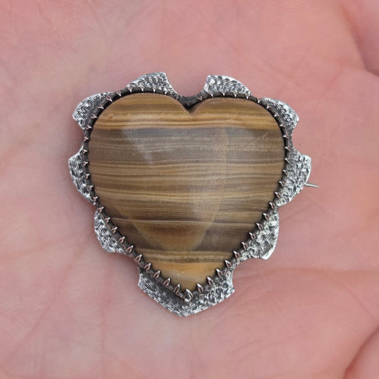 Antique Victorian Solid Silver Caramel Hardstone Heart Sweetheart Brooch Pin
