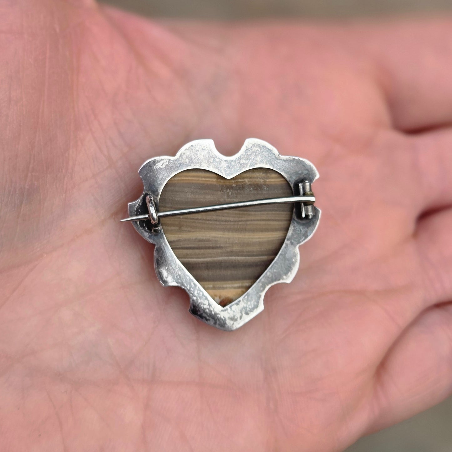 Antique Victorian Solid Silver Caramel Hardstone Heart Sweetheart Brooch Pin