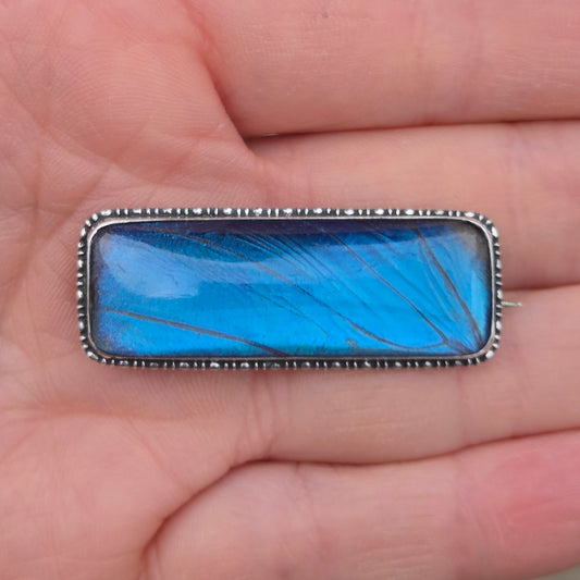 Antique Art Deco Hallmarked Solid Sterling Silver Blue Morpho Butterfly Wing Brooch Pin