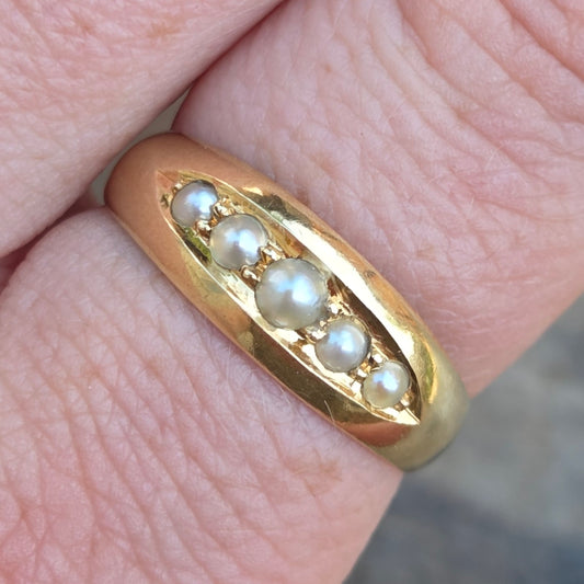 Antique 1910 Chester Hallmarked Solid 18ct 18k Gold Seed Pearl Gypsy Boat Ring Size Q