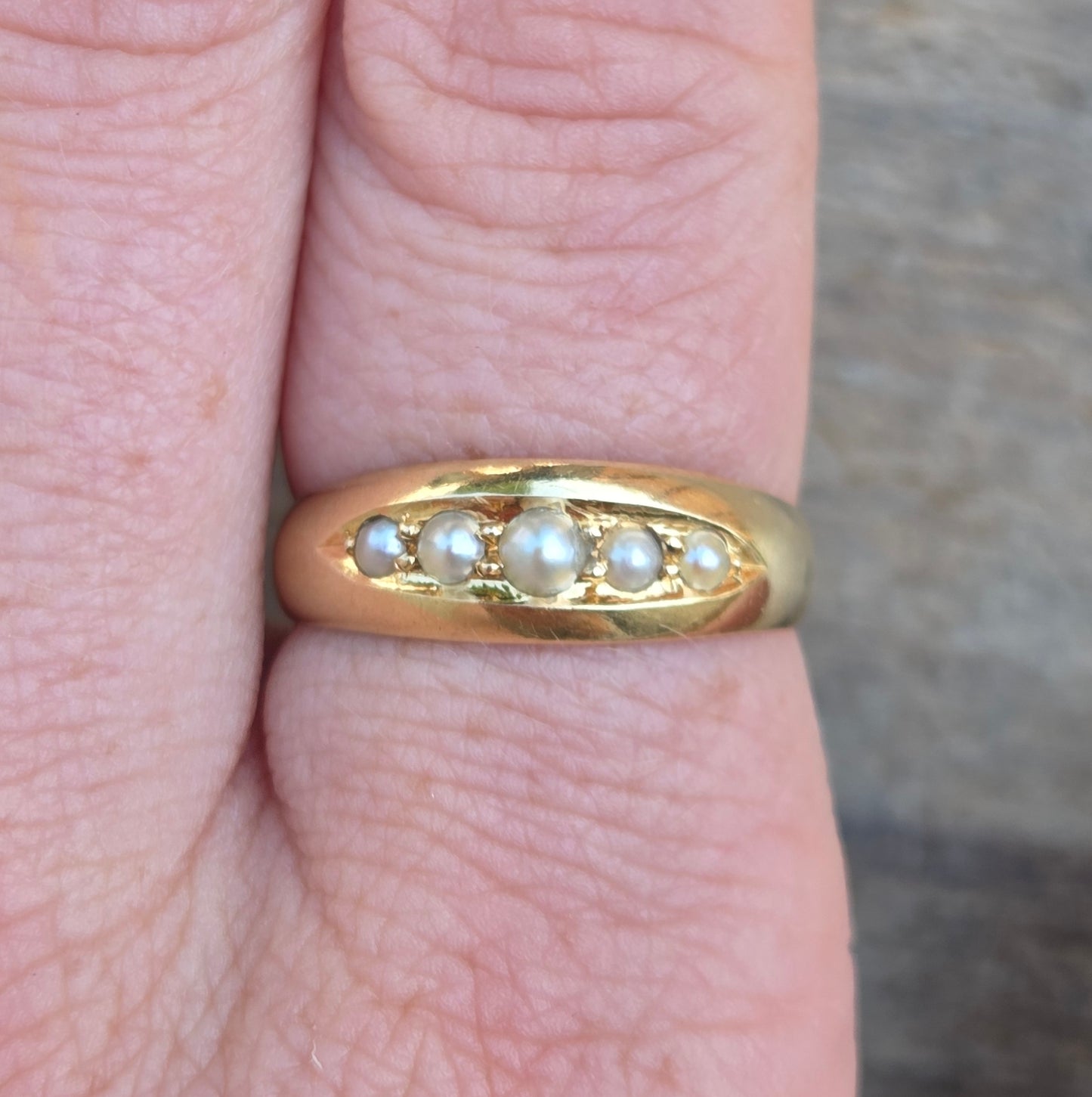 Antique 1910 Chester Hallmarked Solid 18ct 18k Gold Seed Pearl Gypsy Boat Ring Size Q