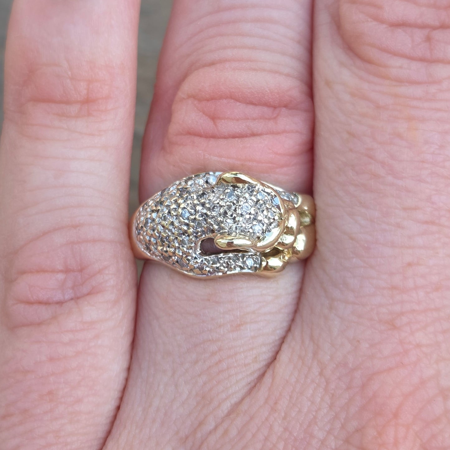 Vintage Solid 9ct 9k Gold Diamond Leopard Jaguar Big Cat Ring Size K 5g
