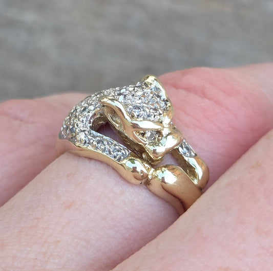 Vintage Solid 9ct 9k Gold Diamond Leopard Jaguar Big Cat Ring Size K 5g
