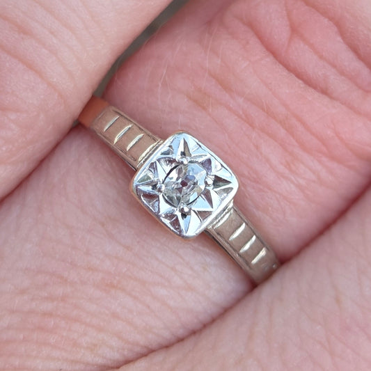 Antique Art Deco Hallmarked Solid 9ct 9k Gold Platinum Diamond Solitaire Ring Size K 1/2