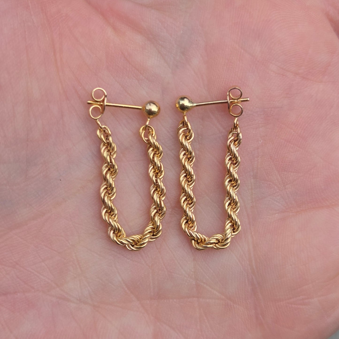 Vintage Hallmarked Solid 9ct 9k Gold Rope Chain Drop Stud Hoop Earrings