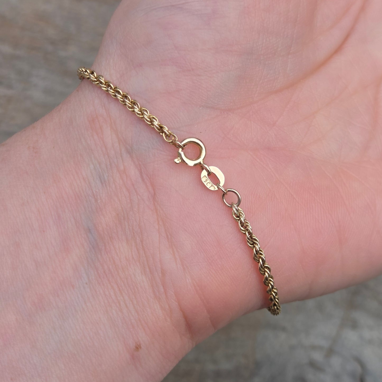 Vintage 1983 Hallmarked Solid 9ct 9k Gold Rope Chain Bracelet 7.5''