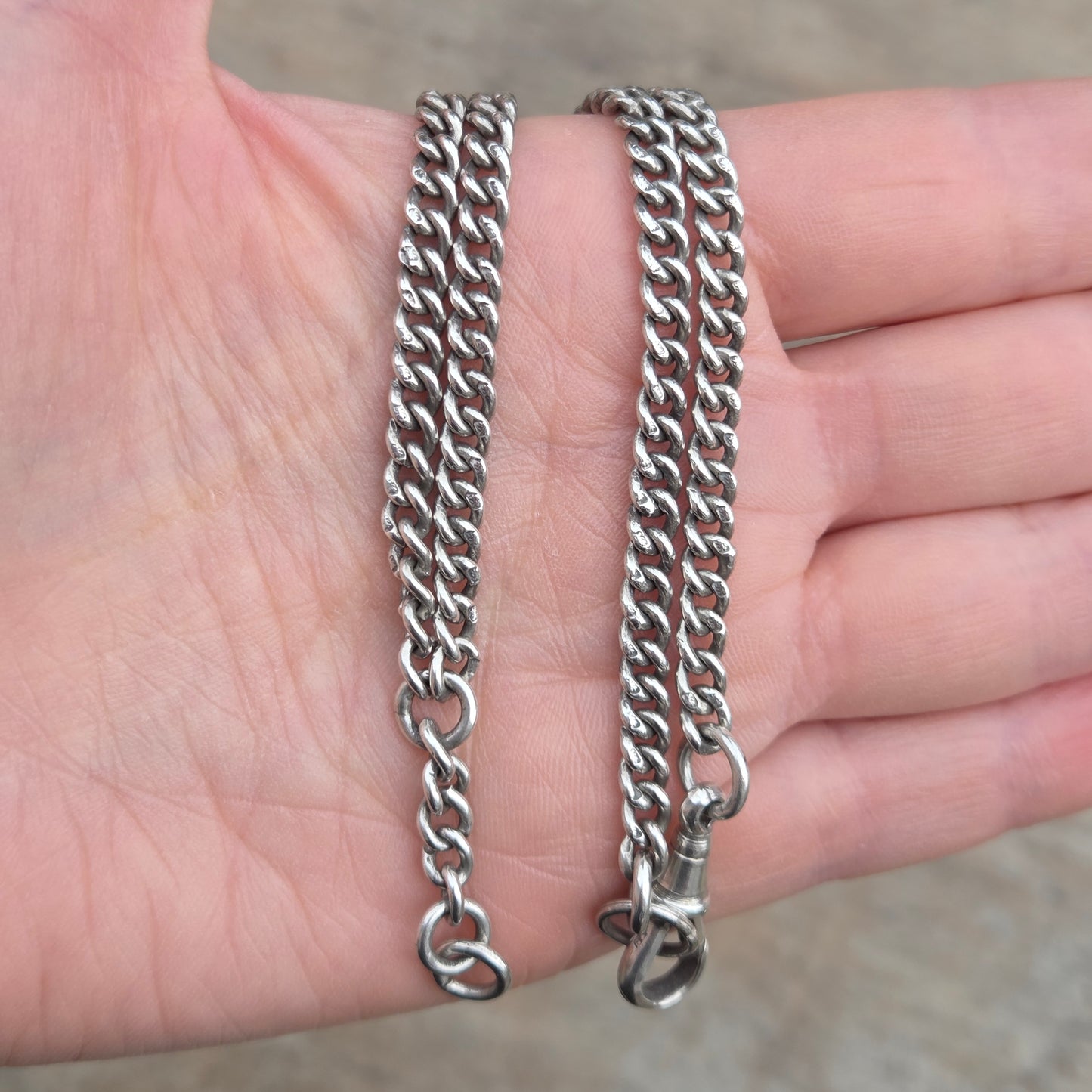 Antique 1926 Hallmarked Solid Sterling Silver Double Albert Curb Chain Necklace 15'' 22g