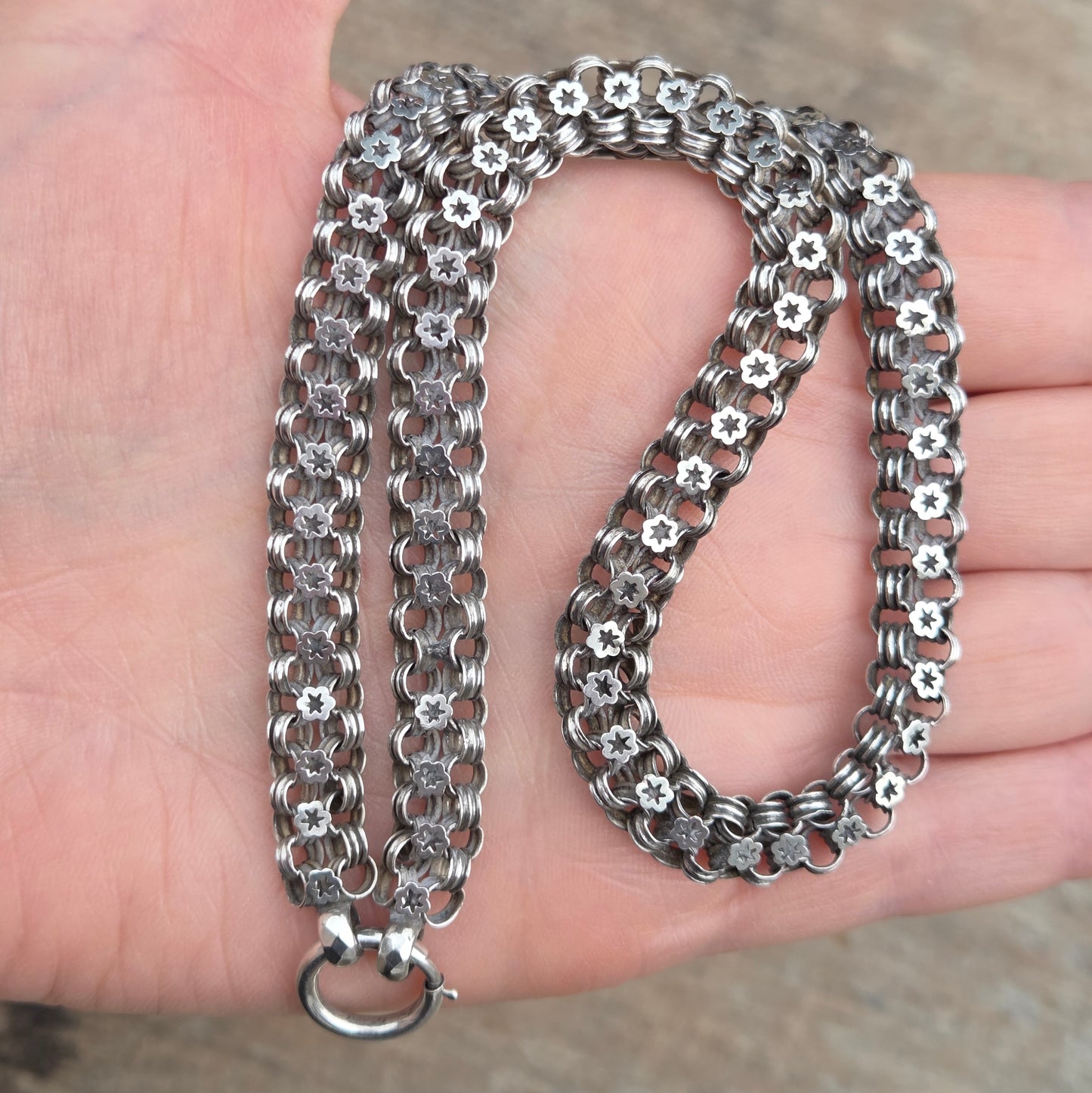 Antique Victorian Silver Star Ribbed Belcher Book Chain Necklace Bolt Ring Clasp 16''