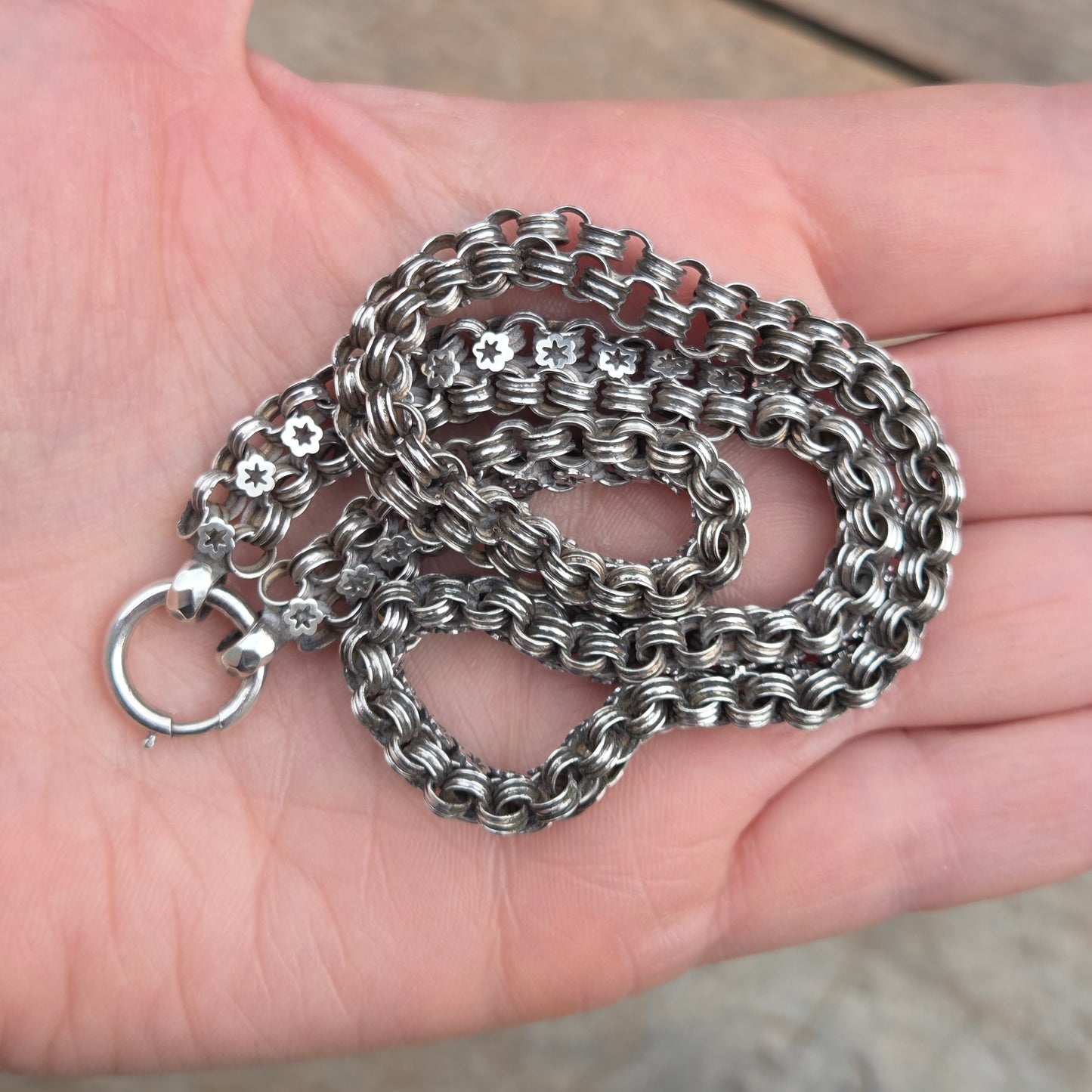 Antique Victorian Silver Star Ribbed Belcher Book Chain Necklace Bolt Ring Clasp 16''