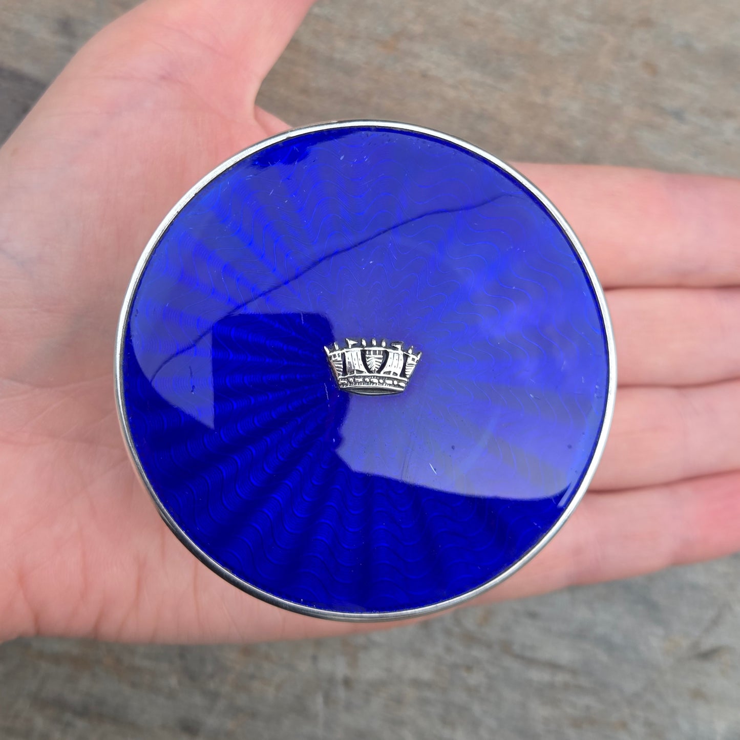 Antique Art Deco 1934 Hallmarked Solid Sterling Silver Blue Guilloche Enamel Jewellery Ring Box 98g